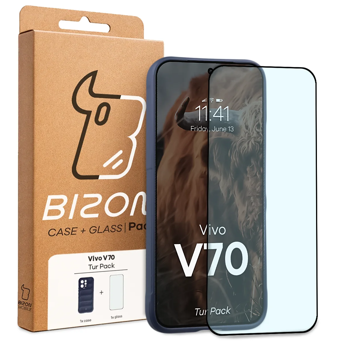 Przód pudełka Bizon Tur Pack z dedykowaną etykietą do Vivo V70 5G