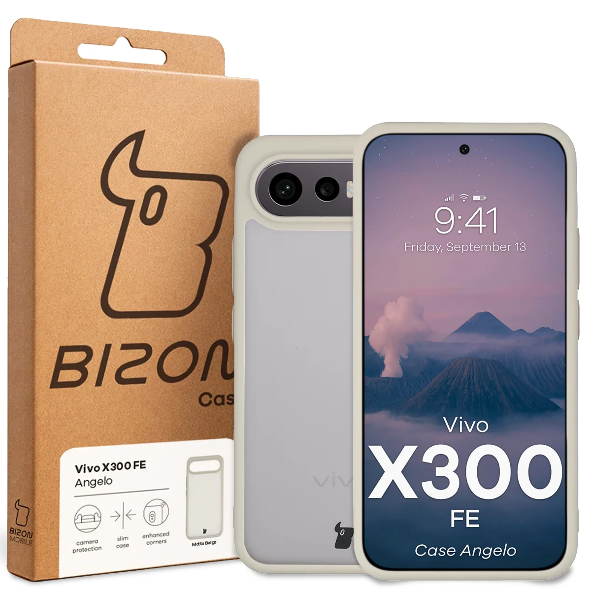 Przód pudełka Bizon Case z dedykowaną etykietą do Vivo X300 FE
