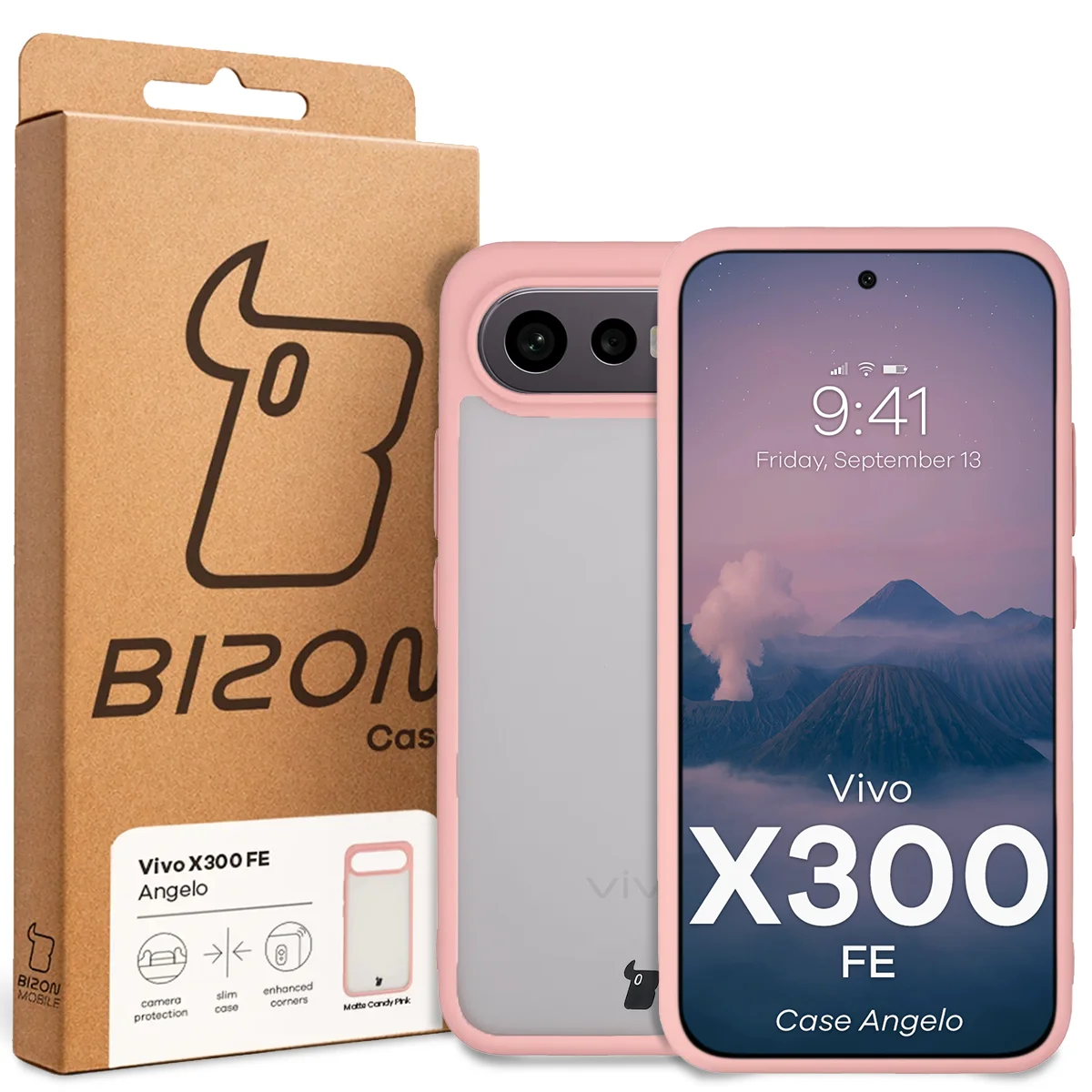 Przód pudełka Bizon Case z dedykowaną etykietą do Vivo X300 FE
