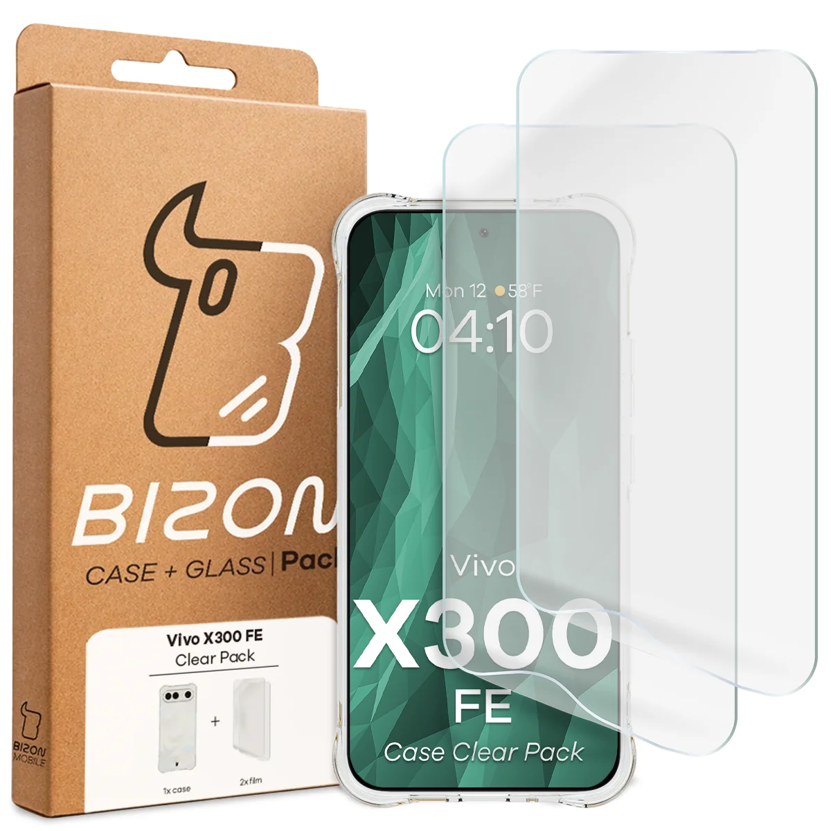 Przód pudełka Bizon Case+Glass z dedykowaną etykietą do Vivo X300 FE