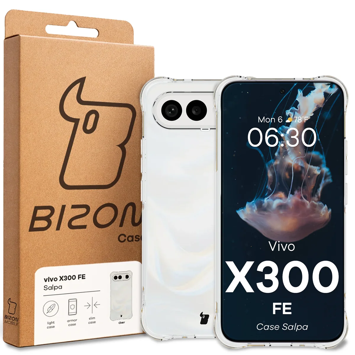 Przód pudełka Bizon Case z dedykowaną etykietą do Vivo X300 FE