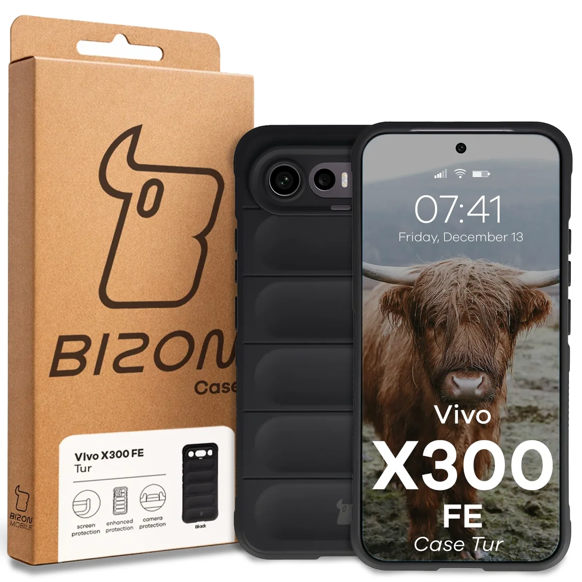 Przód pudełka Bizon Case z dedykowaną etykietą do Vivo X300 FE