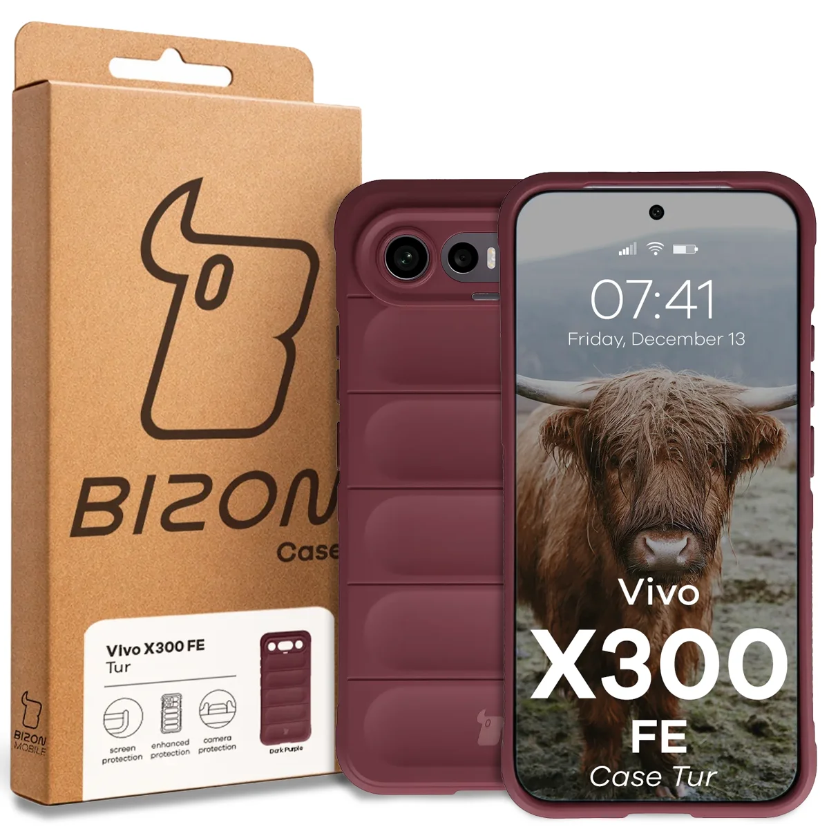 Przód pudełka Bizon Case z dedykowaną etykietą do Vivo X300 FE