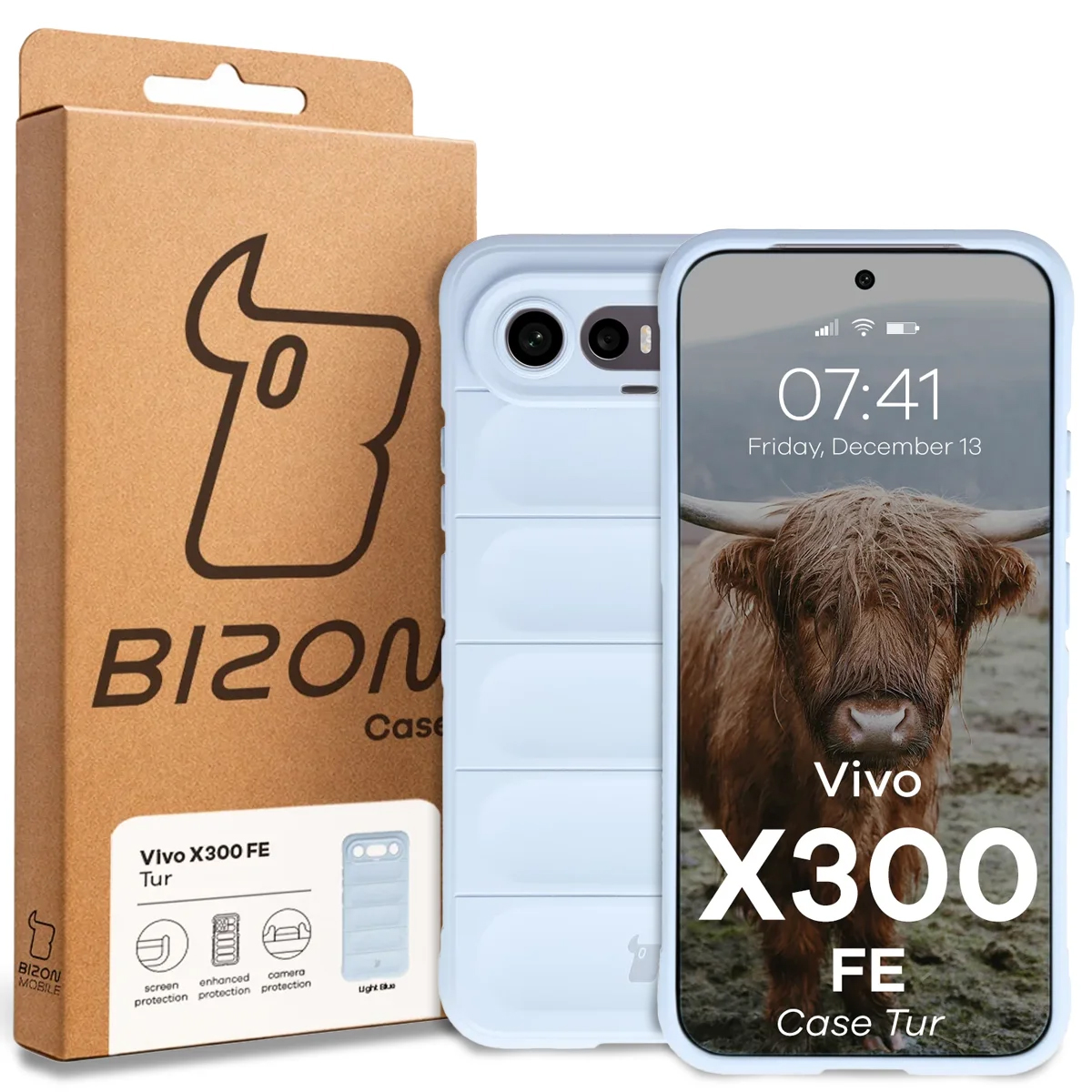 Przód pudełka Bizon Case z dedykowaną etykietą do Vivo X300 FE