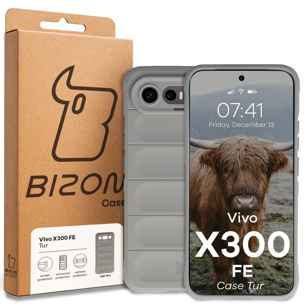 Przód pudełka Bizon Case z dedykowaną etykietą do Vivo X300 FE