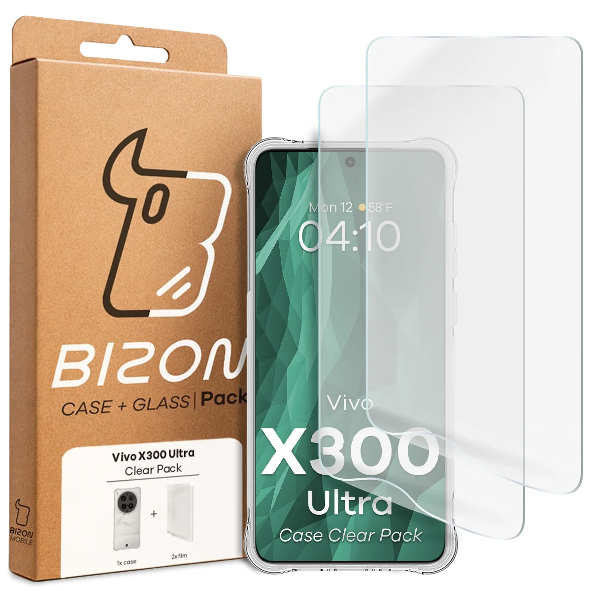 Przód pudełka Bizon Case+Glass z dedykowaną etykietą do Vivo X300 Ultra