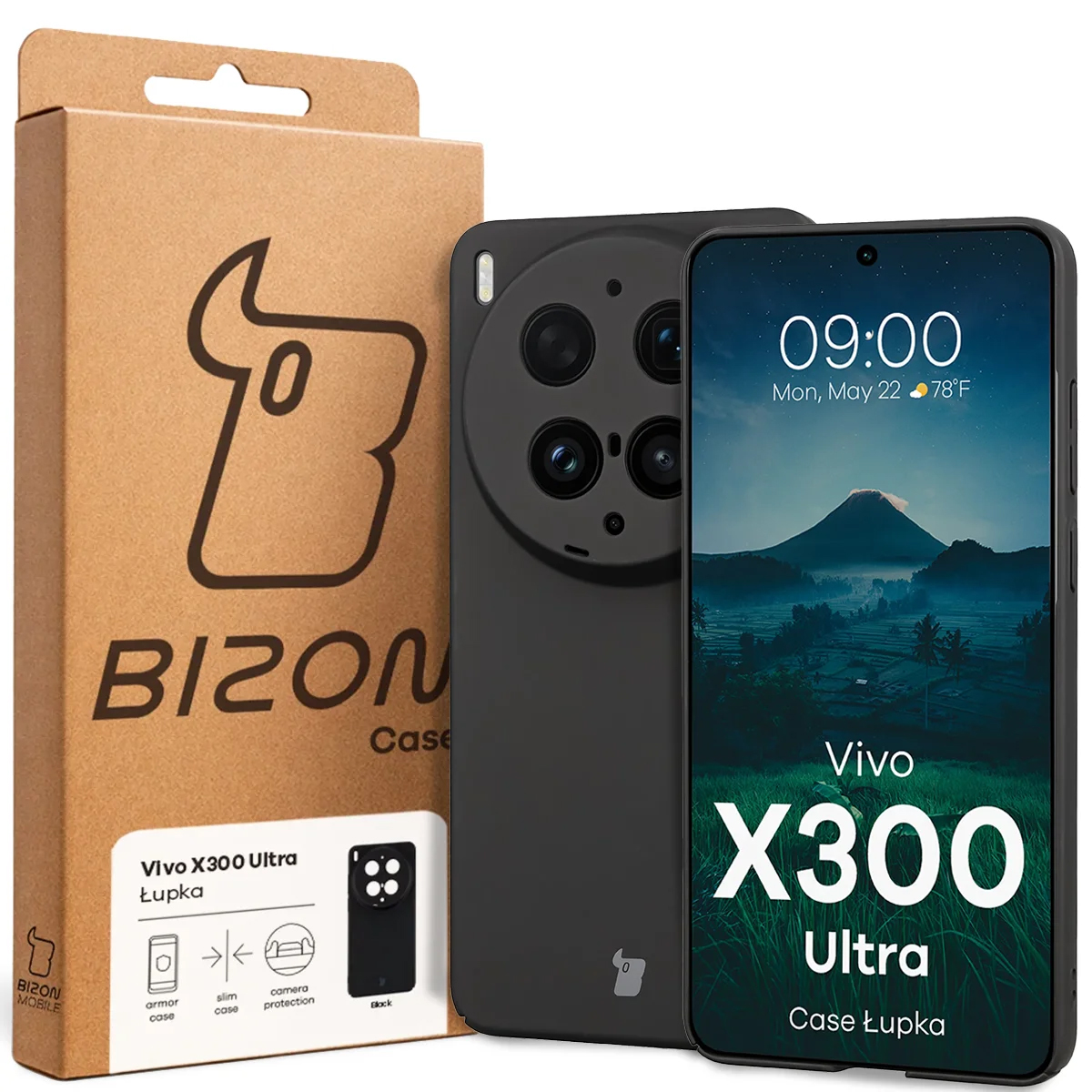 Przód pudełka Bizon Case z dedykowaną etykietą do Vivo X300 Ultra