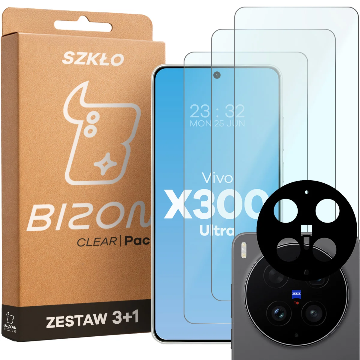 Pudełko i zestaw szkieł do Vivo X300 Ultra: 3x szkło hartowane i lens