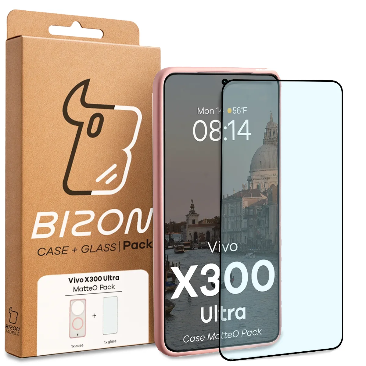 Przód pudełka Bizon Case Matteo Pack z dedykowaną etykietą do Vivo X300 Ultra