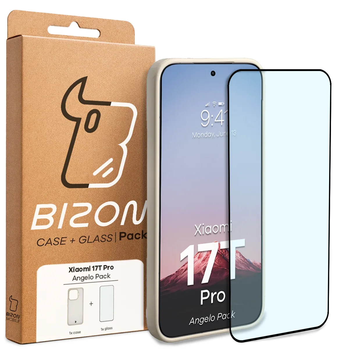 Przód pudełka Bizon Case Angelo Pack z dedykowaną etykietą do Xiaomi 17T Pro