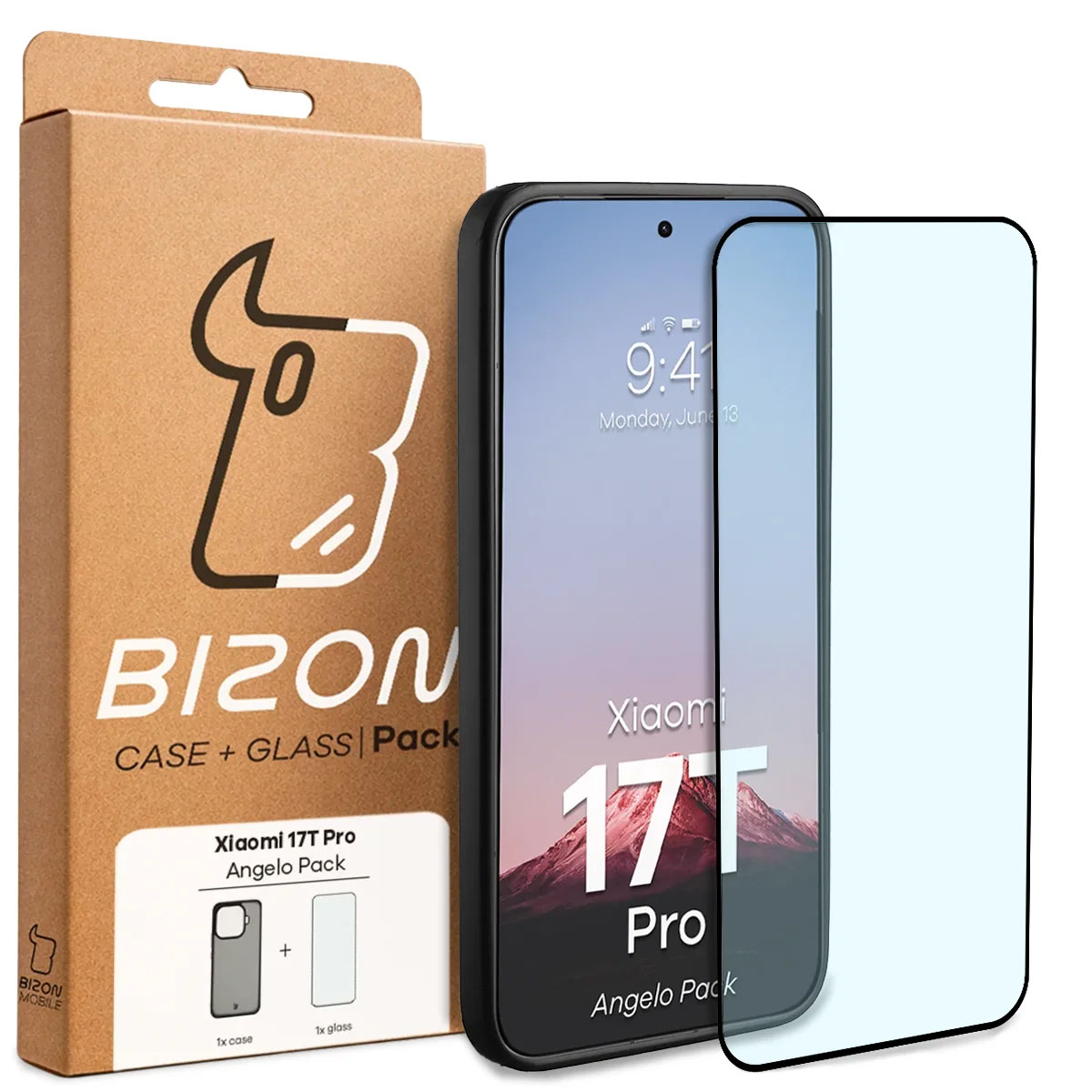 Przód pudełka Bizon Case Angelo Pack z dedykowaną etykietą do Xiaomi 17T Pro