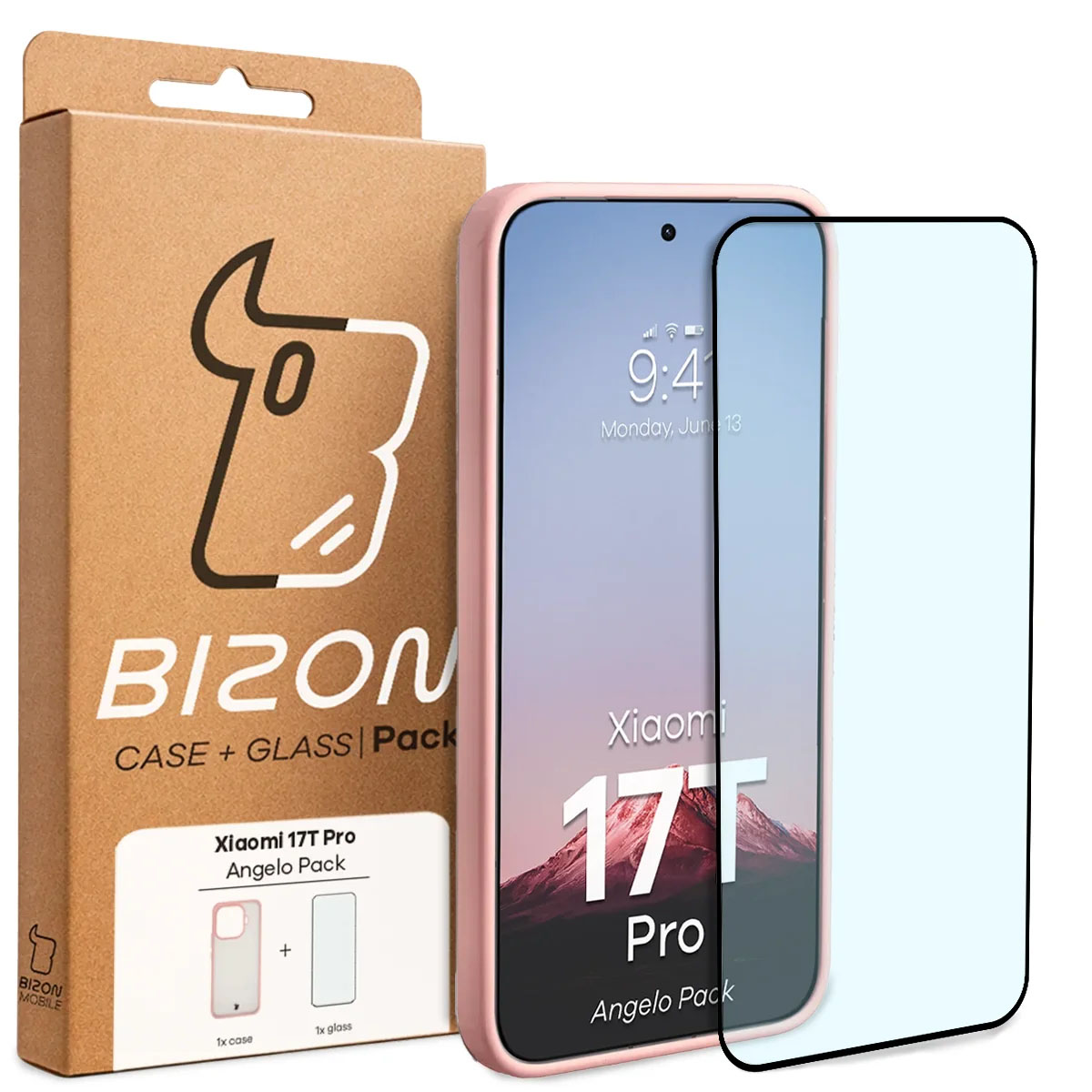 Przód pudełka Bizon Case Angelo Pack z dedykowaną etykietą do Xiaomi 17T Pro