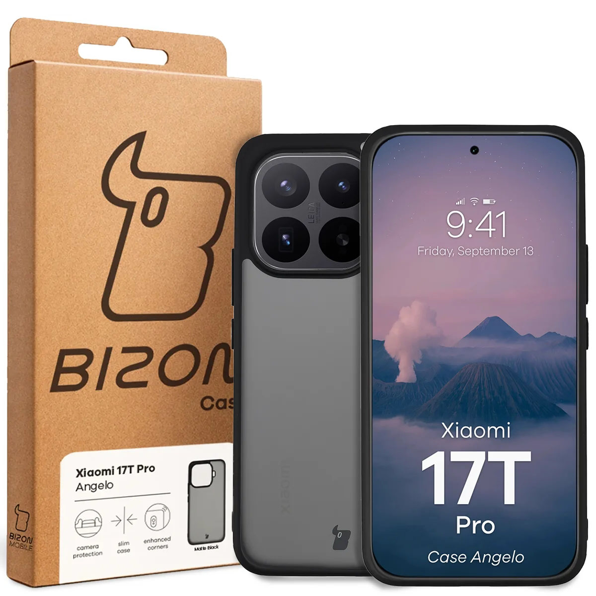 Przód pudełka Bizon Case z dedykowaną etykietą do Xiaomi 17T Pro