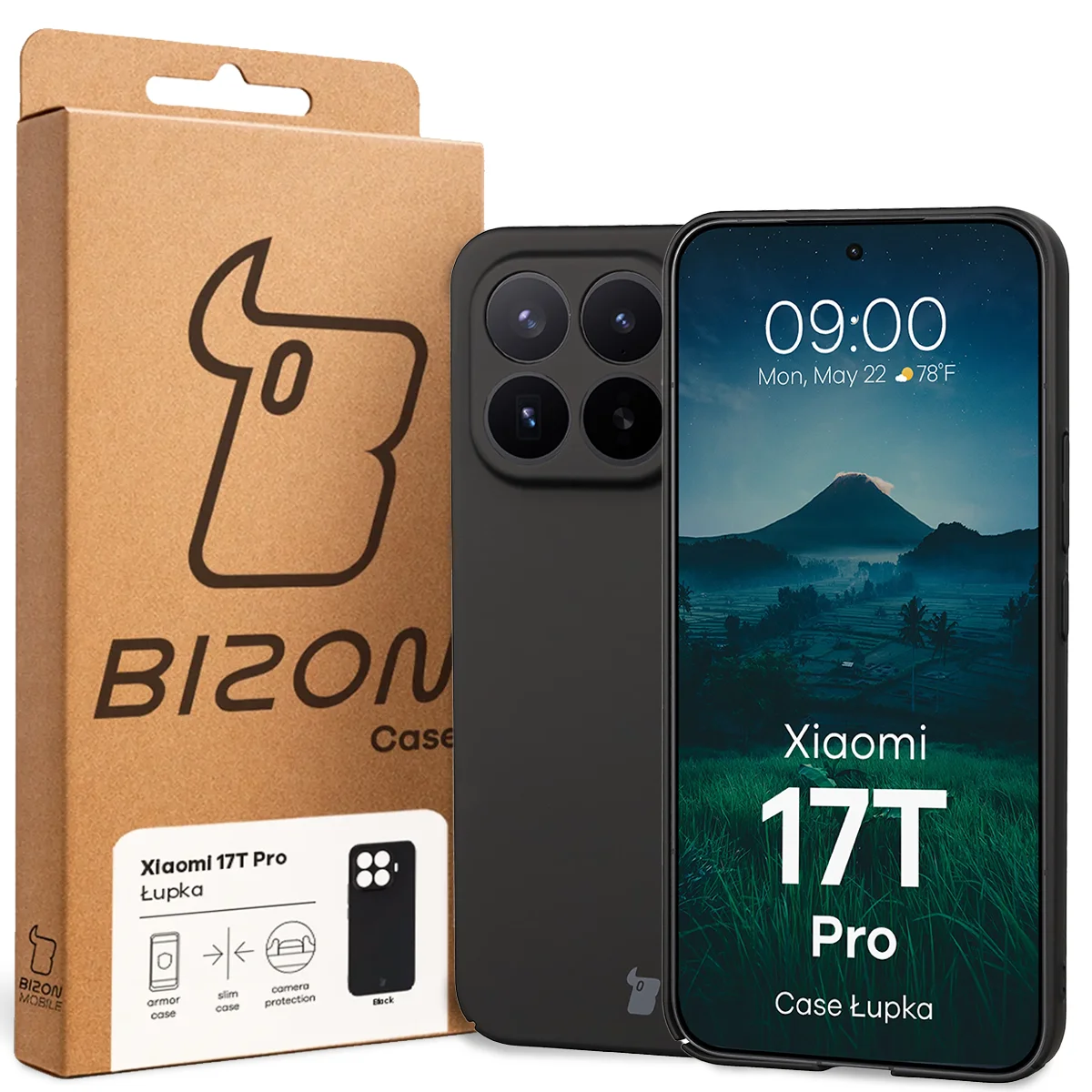 Przód pudełka Bizon Case z dedykowaną etykietą do Xiaomi 17T Pro