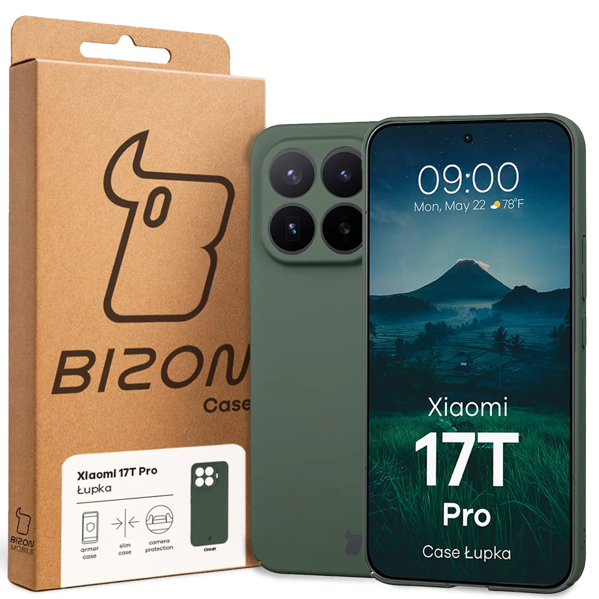 Przód pudełka Bizon Case z dedykowaną etykietą do Xiaomi 17T Pro