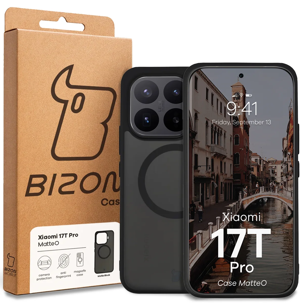 Przód pudełka Bizon Case z dedykowaną etykietą do Xiaomi 17T Pro
