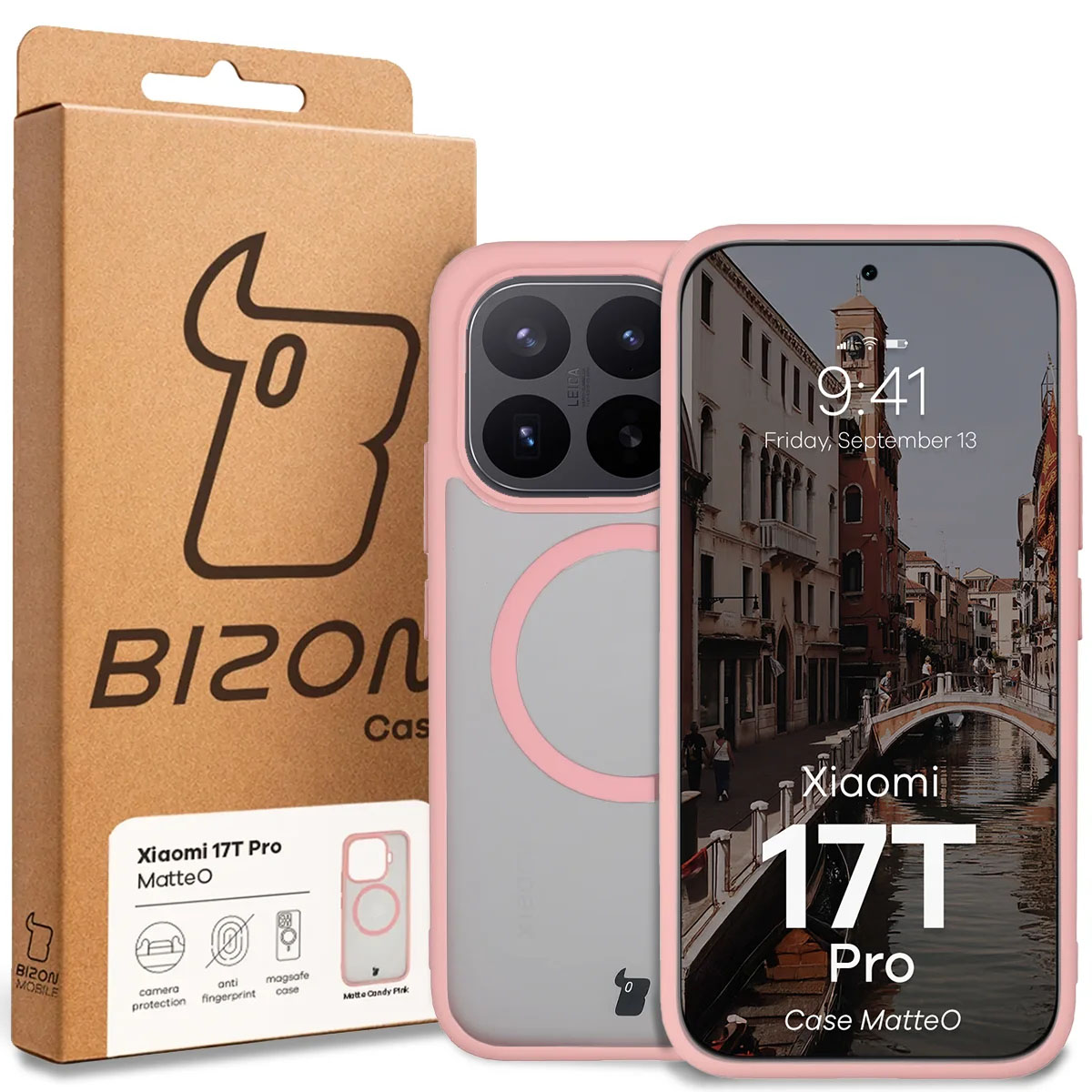 Przód pudełka Bizon Case z dedykowaną etykietą do Xiaomi 17T Pro