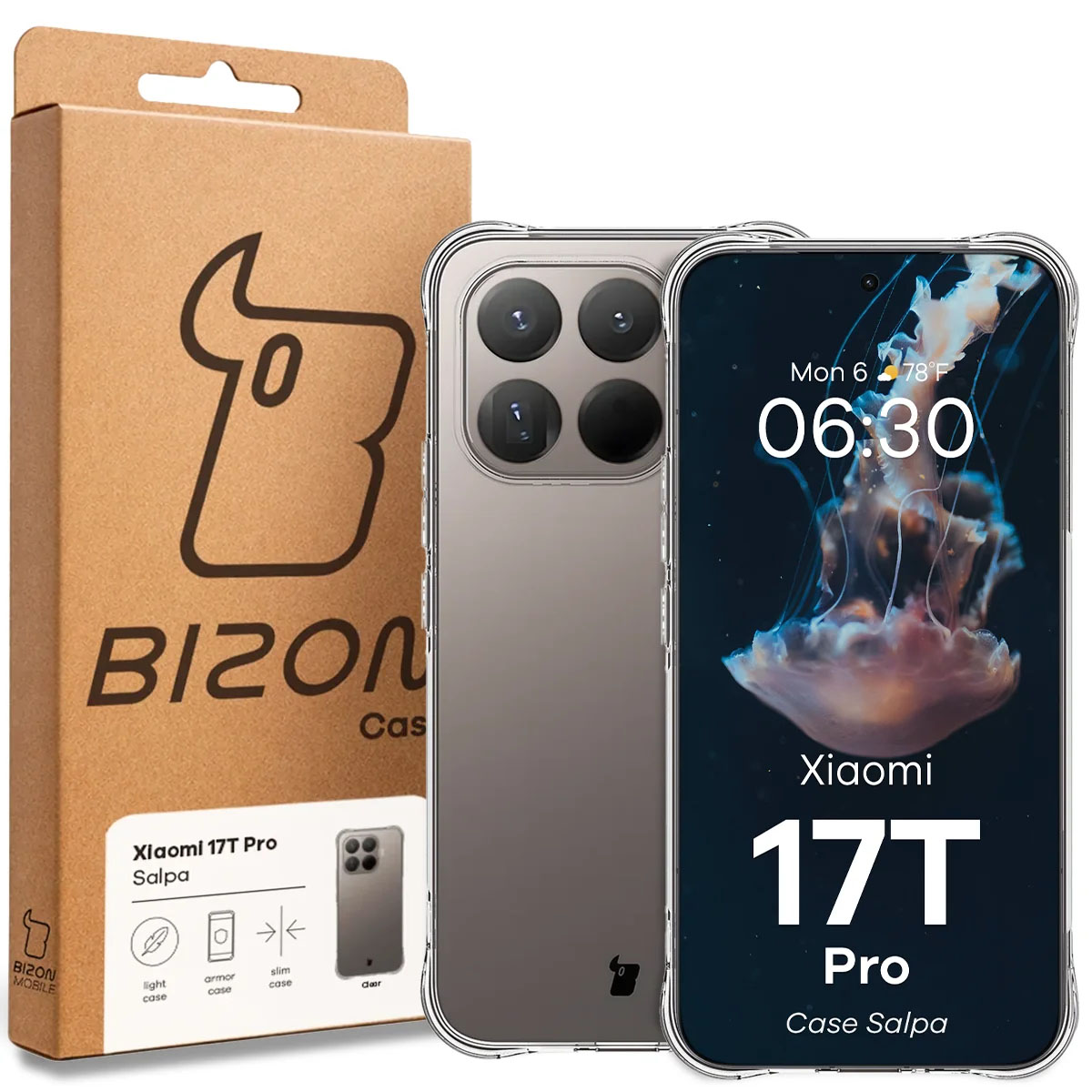 Przód pudełka Bizon Case z dedykowaną etykietą do Xiaomi 17T Pro