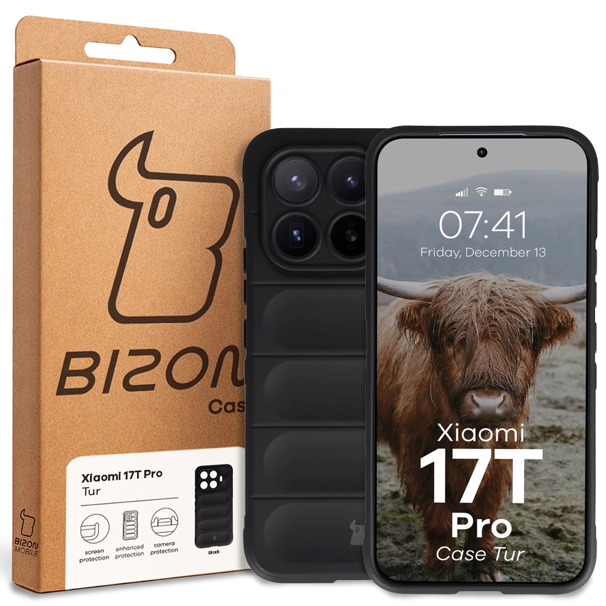Przód pudełka Bizon Case z dedykowaną etykietą do Xiaomi 17T Pro