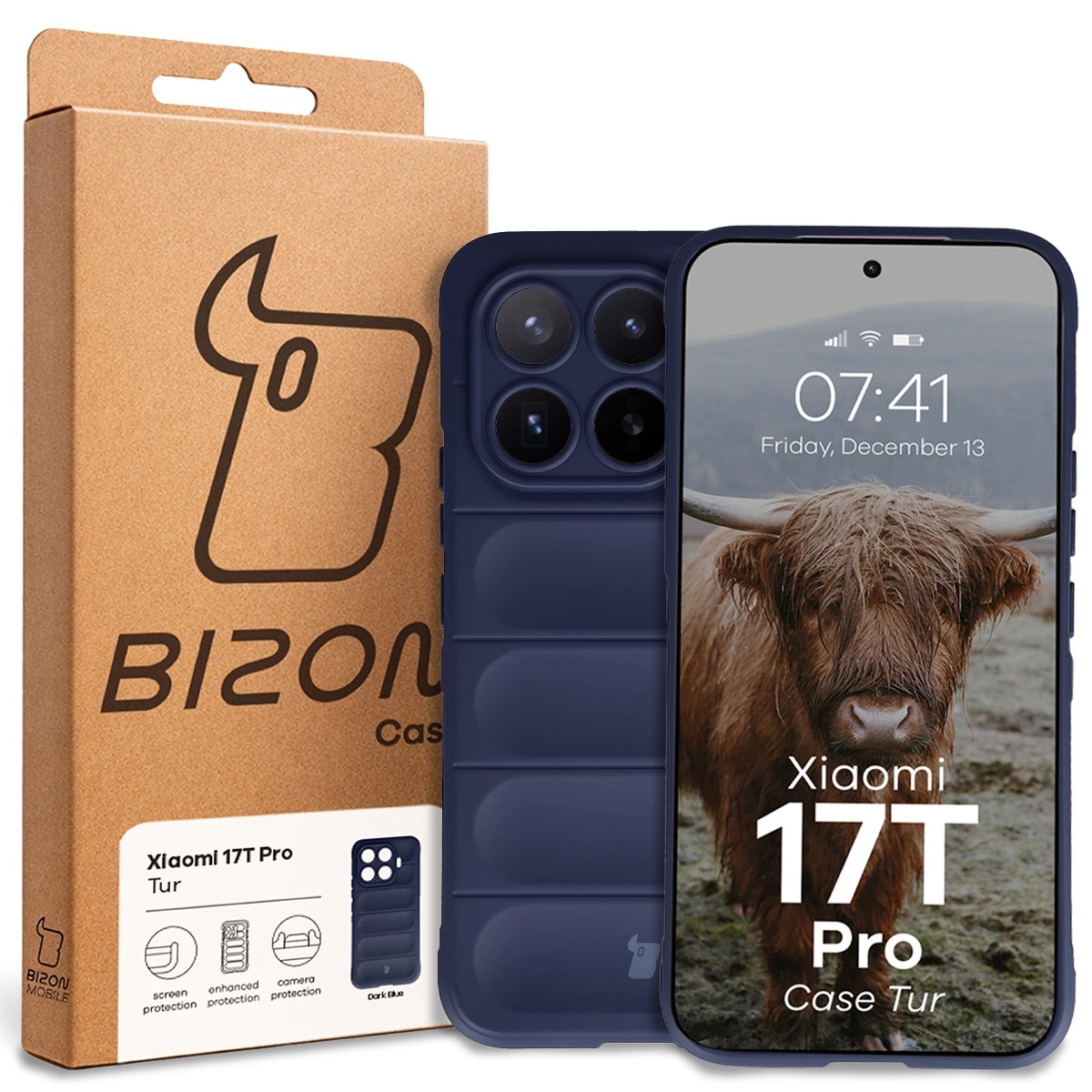 Przód pudełka Bizon Case z dedykowaną etykietą do Xiaomi 17T Pro
