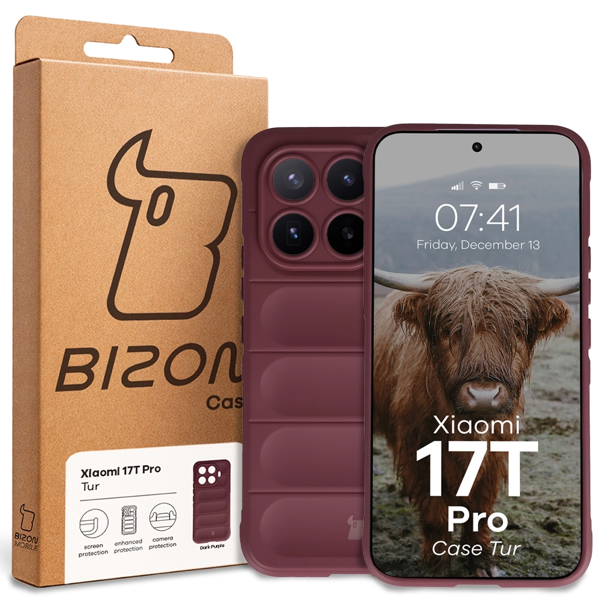Przód pudełka Bizon Case z dedykowaną etykietą do Xiaomi 17T Pro