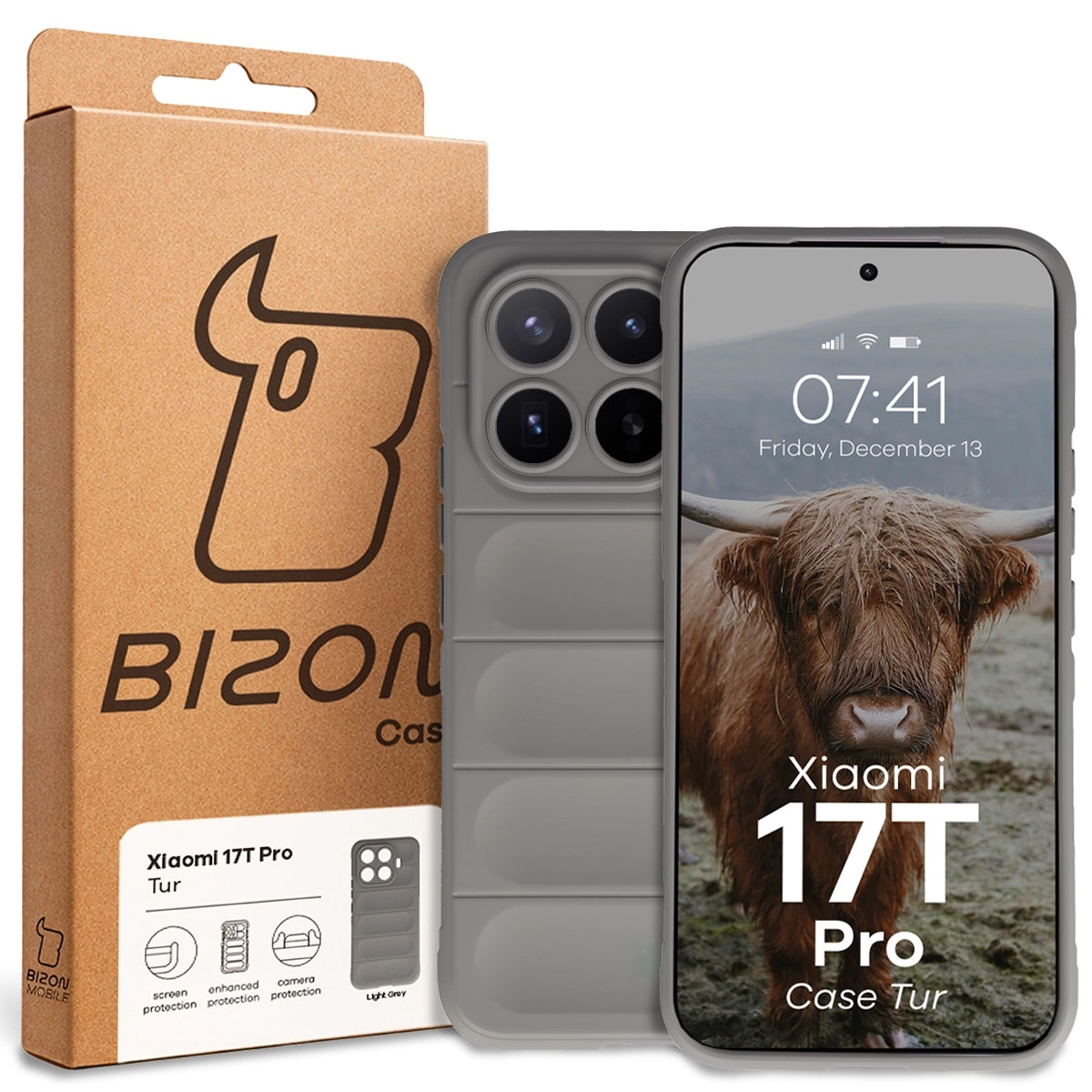 Przód pudełka Bizon Case z dedykowaną etykietą do Xiaomi 17T Pro