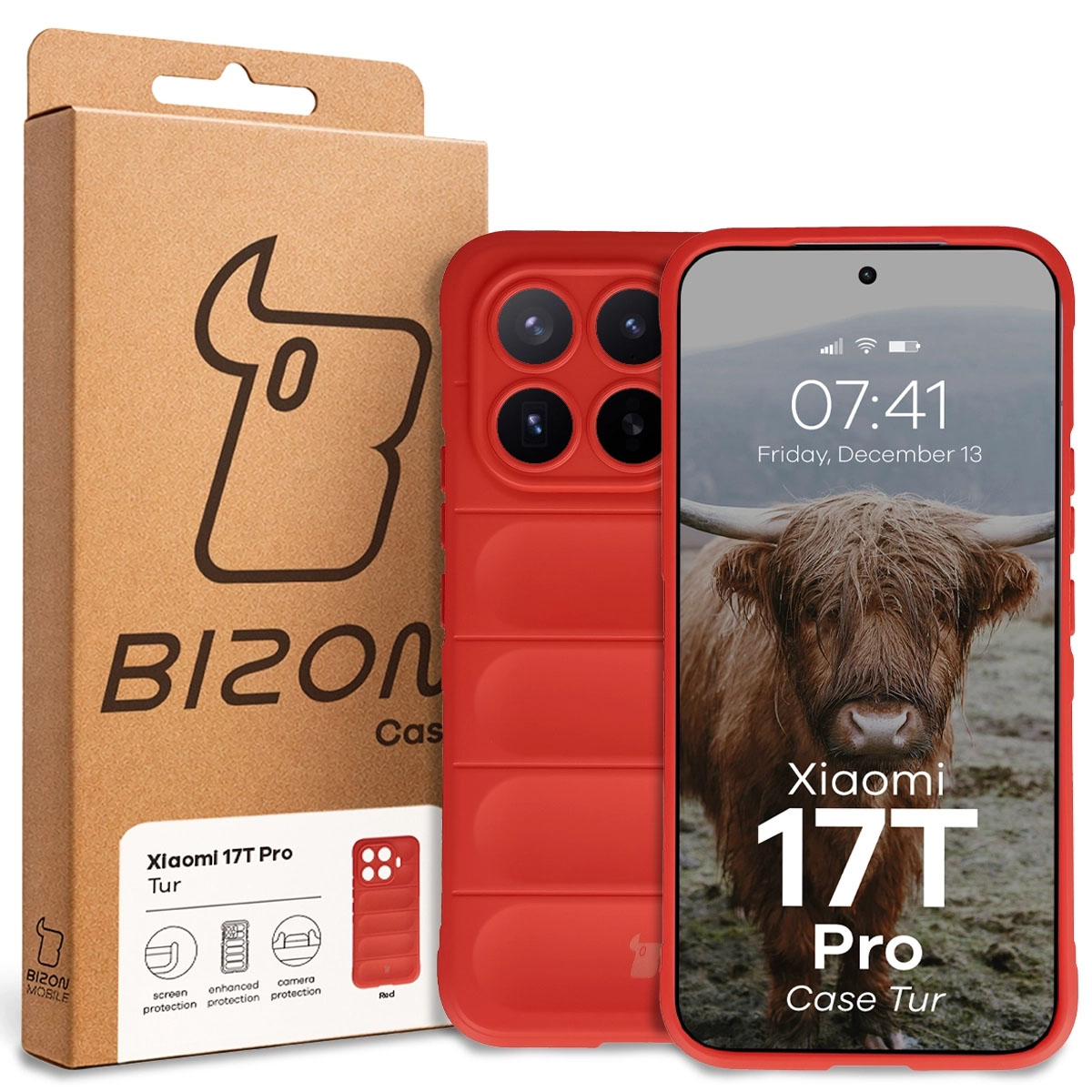 Przód pudełka Bizon Case z dedykowaną etykietą do Xiaomi 17T Pro
