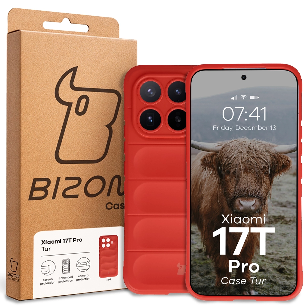Przód pudełka Bizon Case z dedykowaną etykietą do Xiaomi 17T Pro