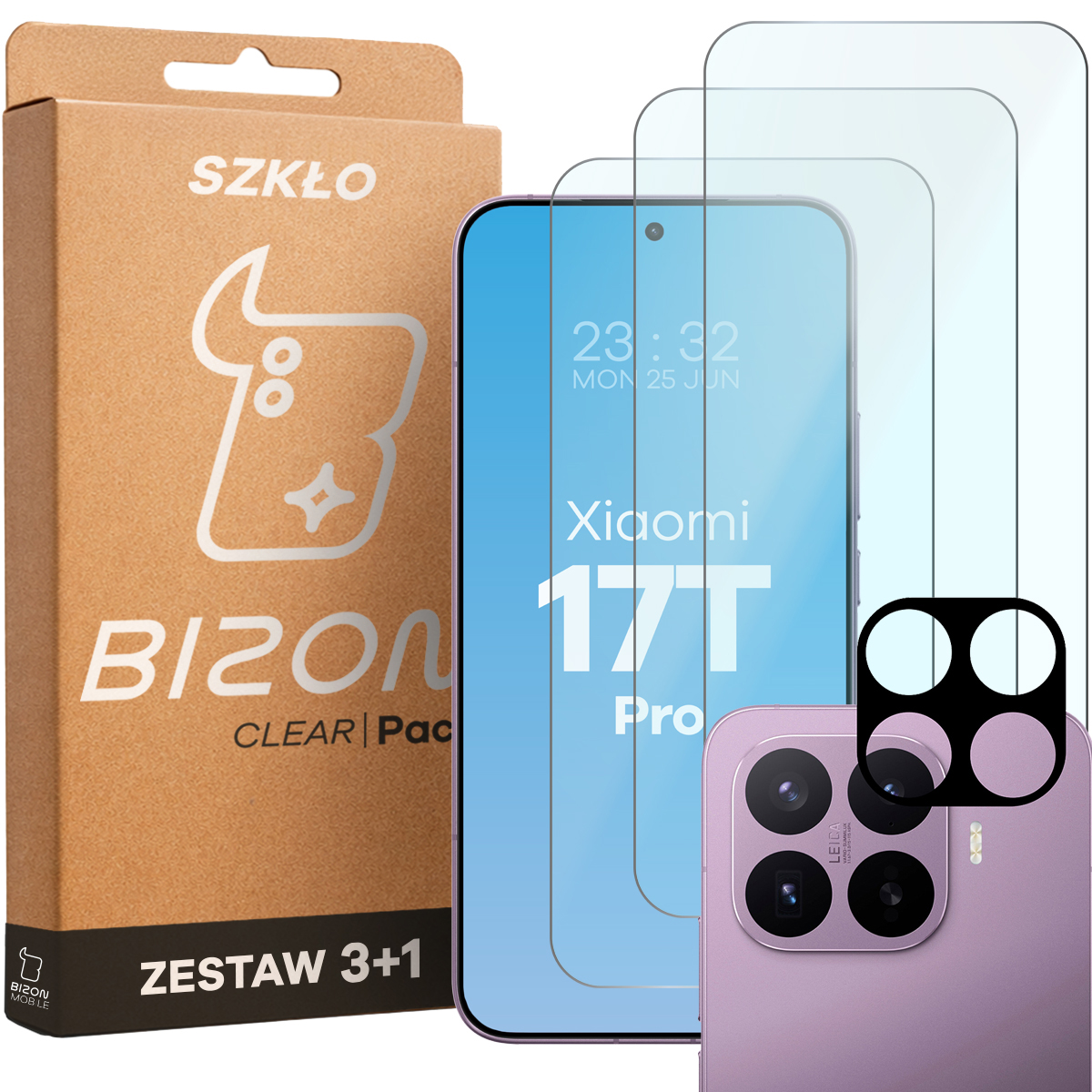 Pudełko i zestaw szkieł do Xiaomi 17T Pro: 3x szkło hartowane i lens