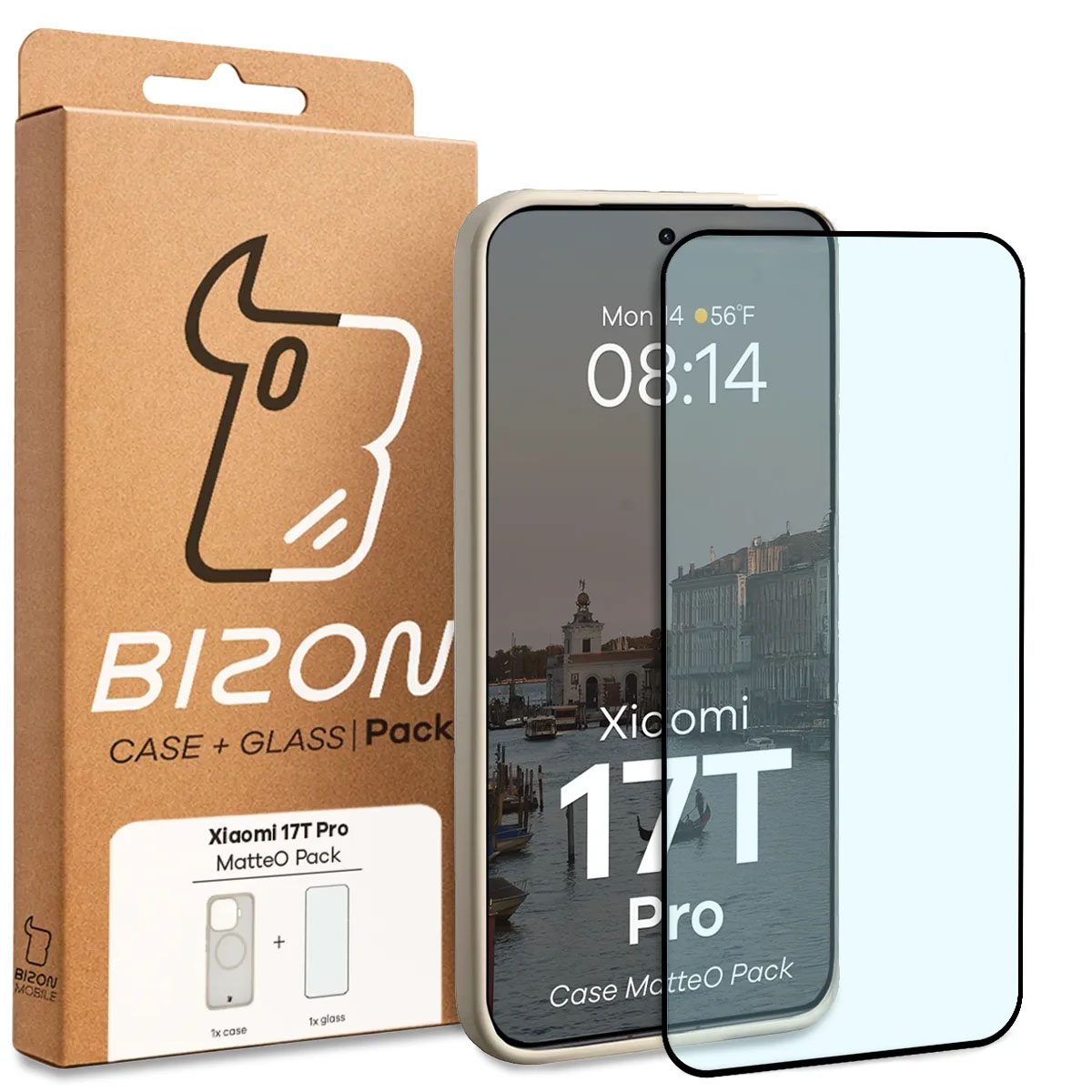 Przód pudełka Bizon Case Matteo Pack z dedykowaną etykietą do Xiaomi 17T Pro