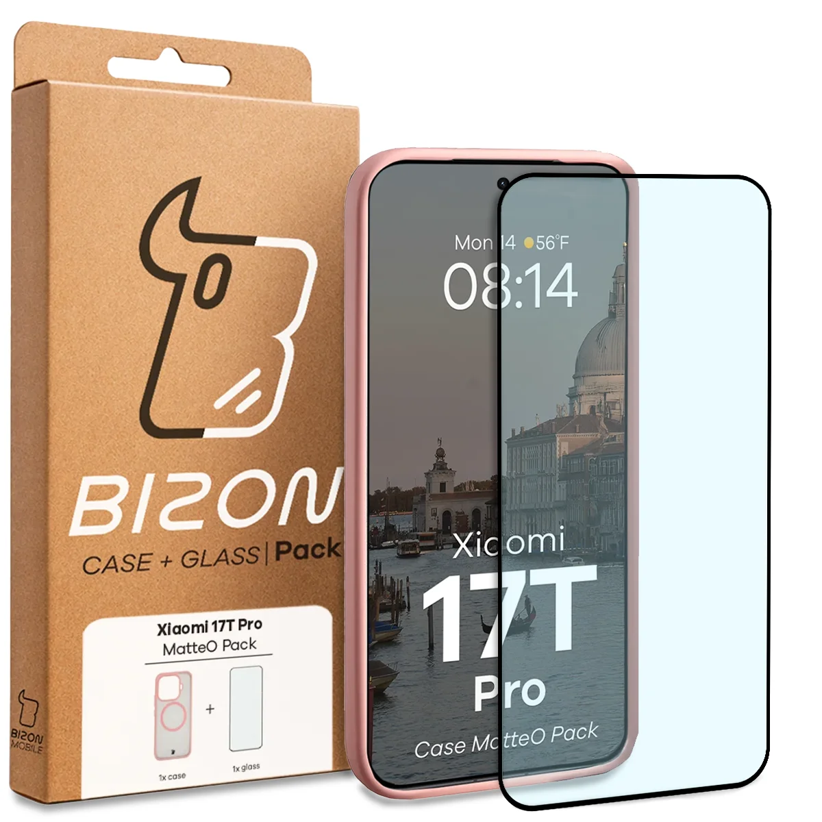 Przód pudełka Bizon Case Matteo Pack z dedykowaną etykietą do Xiaomi 17T Pro