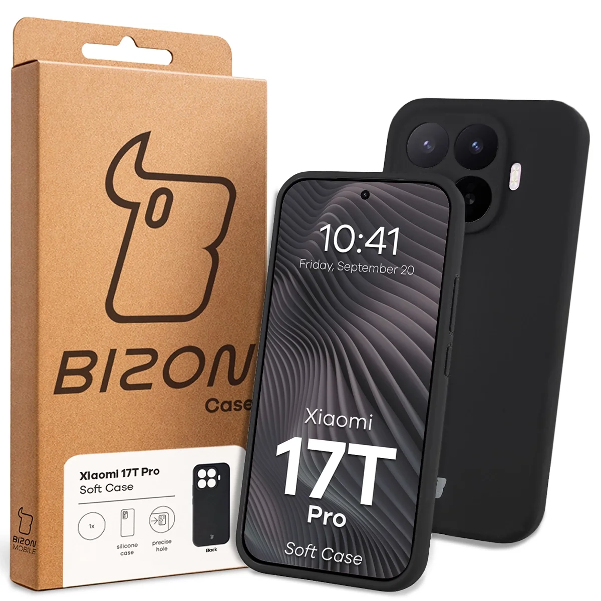 Przód pudełka Bizon Case z dedykowaną etykietą do Xiaomi 17T Pro