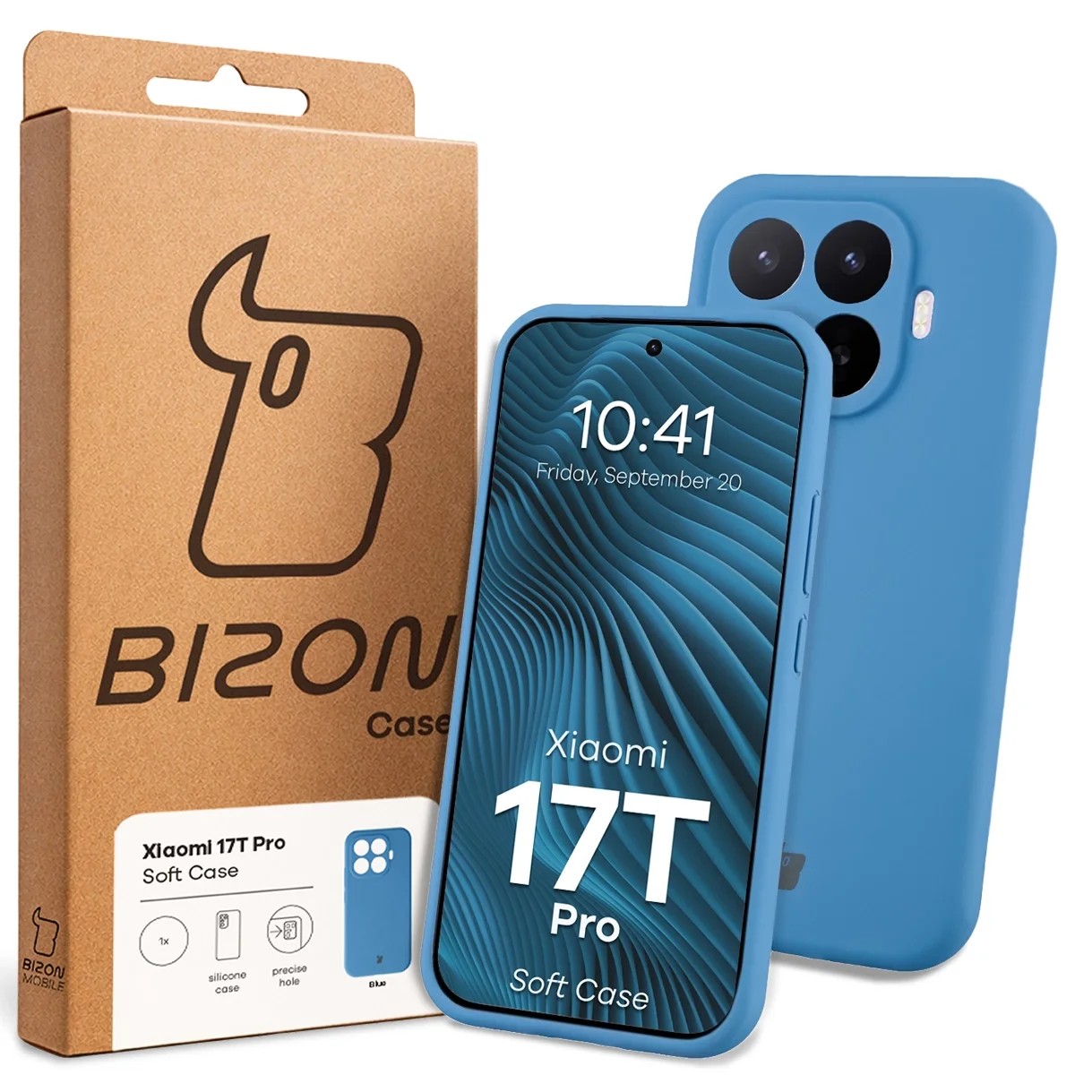 Przód pudełka Bizon Case z dedykowaną etykietą do Xiaomi 17T Pro