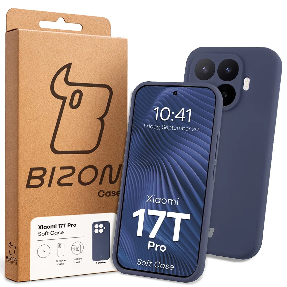 Przód pudełka Bizon Case z dedykowaną etykietą do Xiaomi 17T Pro
