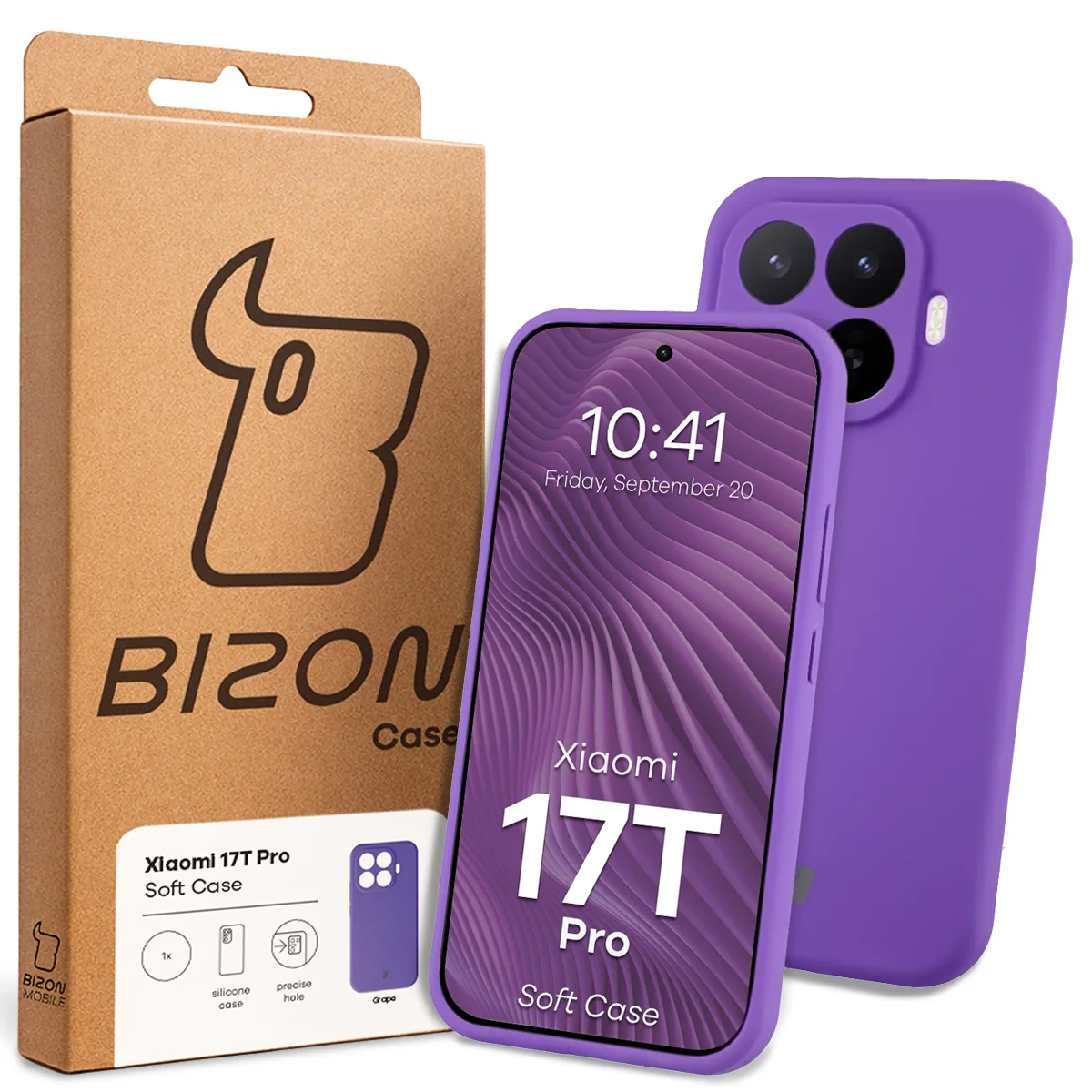 Przód pudełka Bizon Case z dedykowaną etykietą do Xiaomi 17T Pro