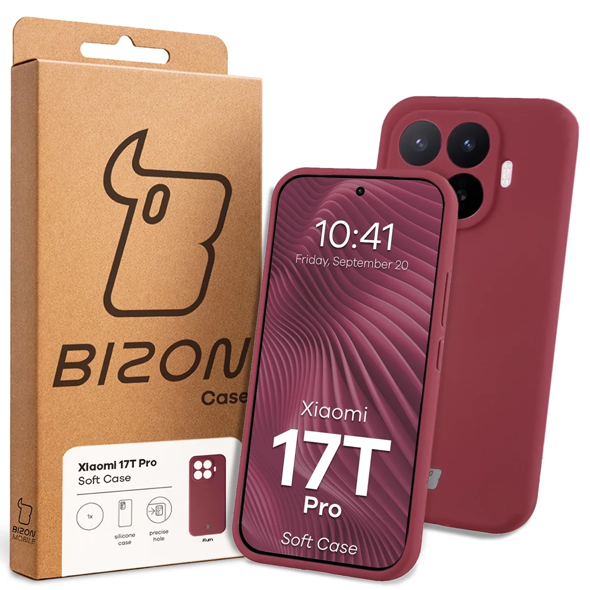 Przód pudełka Bizon Case z dedykowaną etykietą do Xiaomi 17T Pro