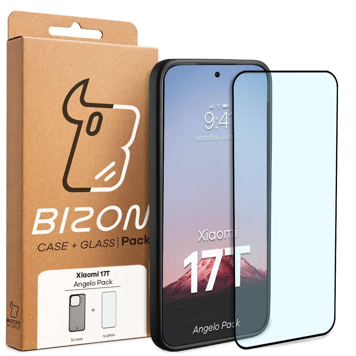 Przód pudełka Bizon Case Angelo Pack z dedykowaną etykietą do Xiaomi 17T