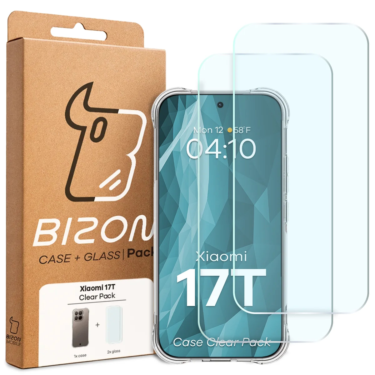 Przód pudełka Bizon Case+Glass z dedykowaną etykietą do Xiaomi 17T