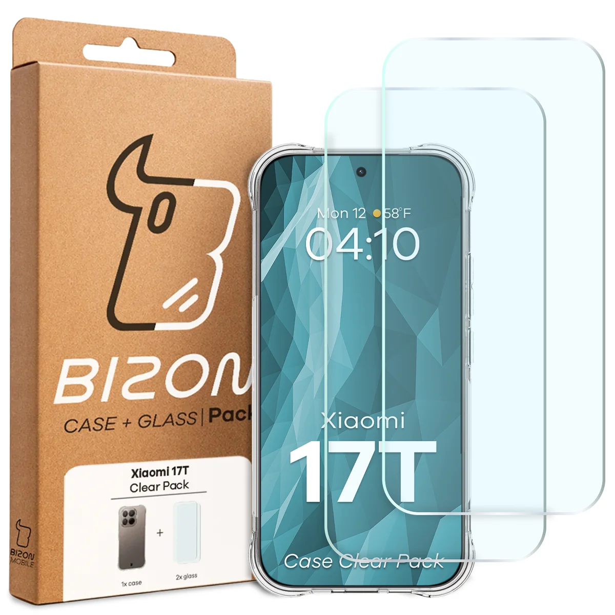 Przód pudełka Bizon Case+Glass z dedykowaną etykietą do Xiaomi 17T