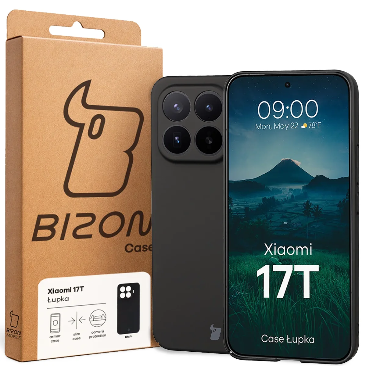 Przód pudełka Bizon Case z dedykowaną etykietą do Xiaomi 17T