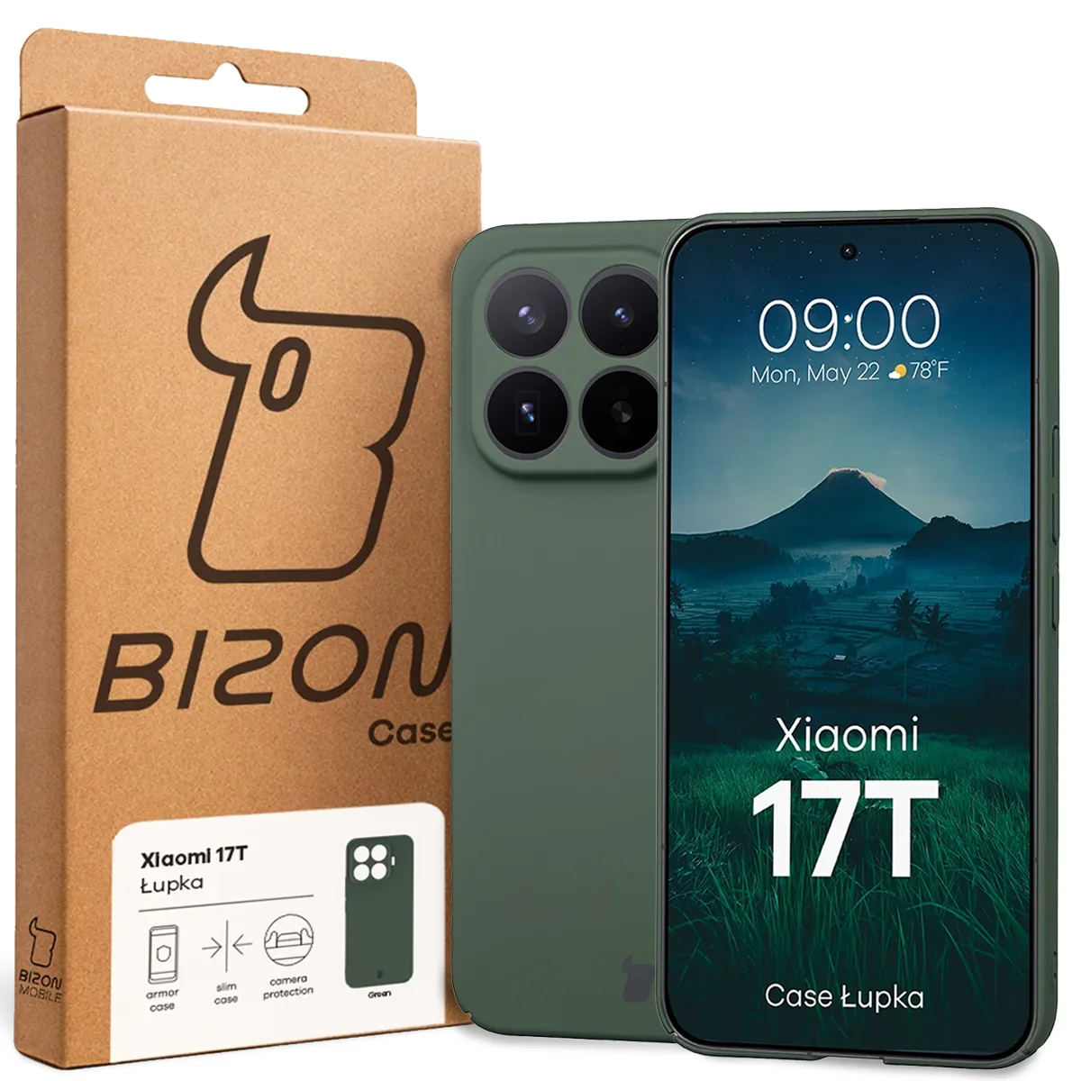 Przód pudełka Bizon Case z dedykowaną etykietą do Xiaomi 17T