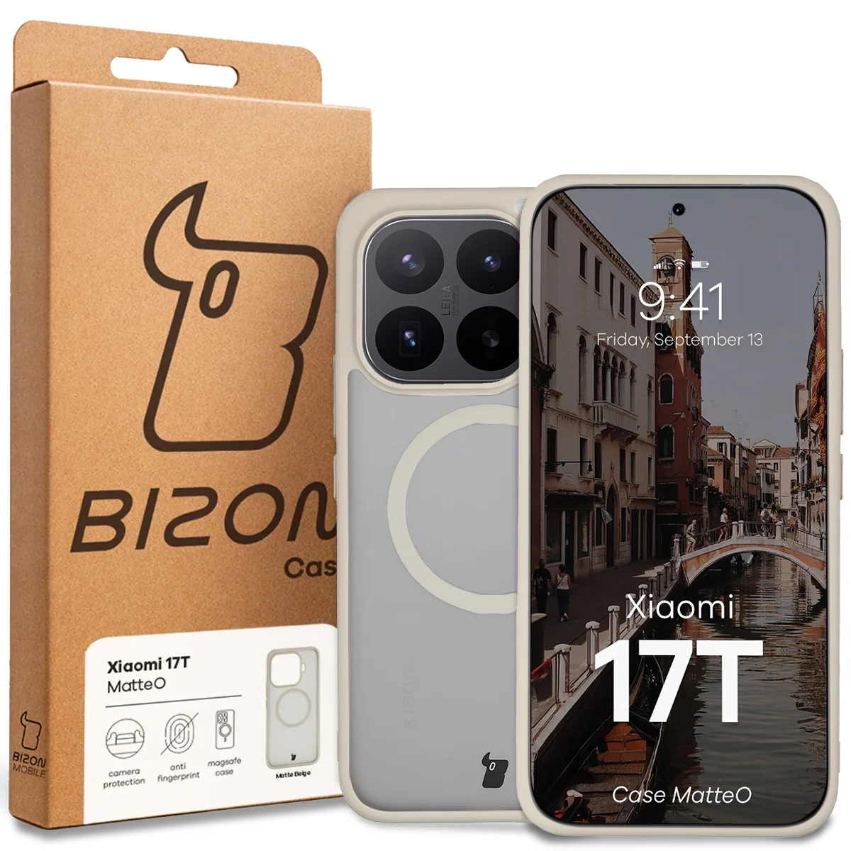 Przód pudełka Bizon Case z dedykowaną etykietą do Xiaomi 17T