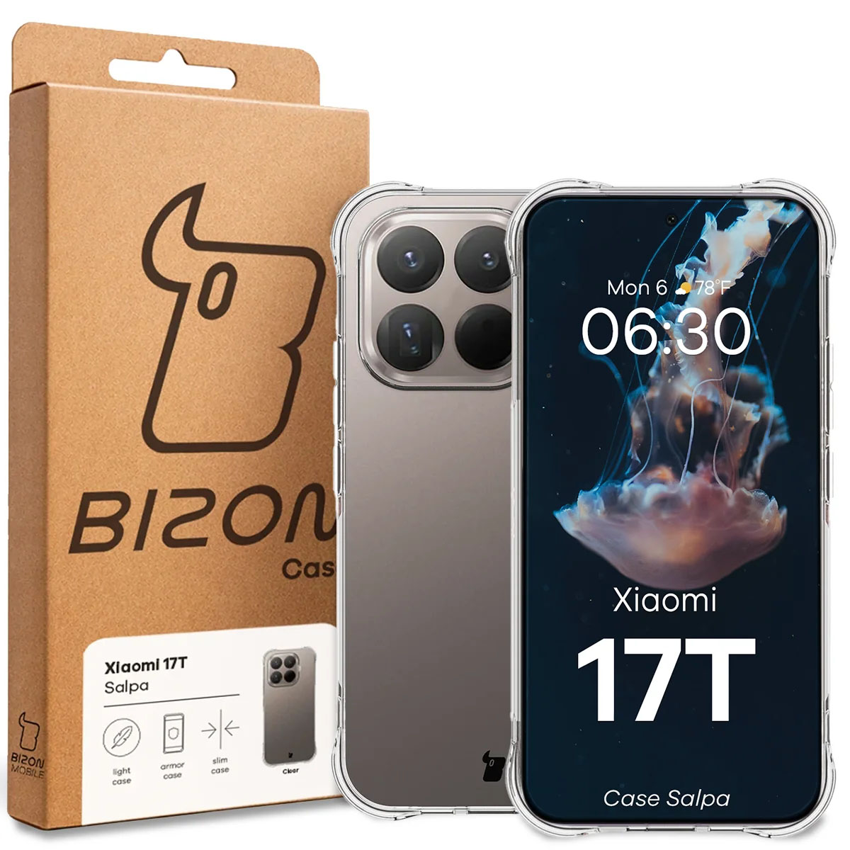 Przód pudełka Bizon Case z dedykowaną etykietą do Xiaomi 17T