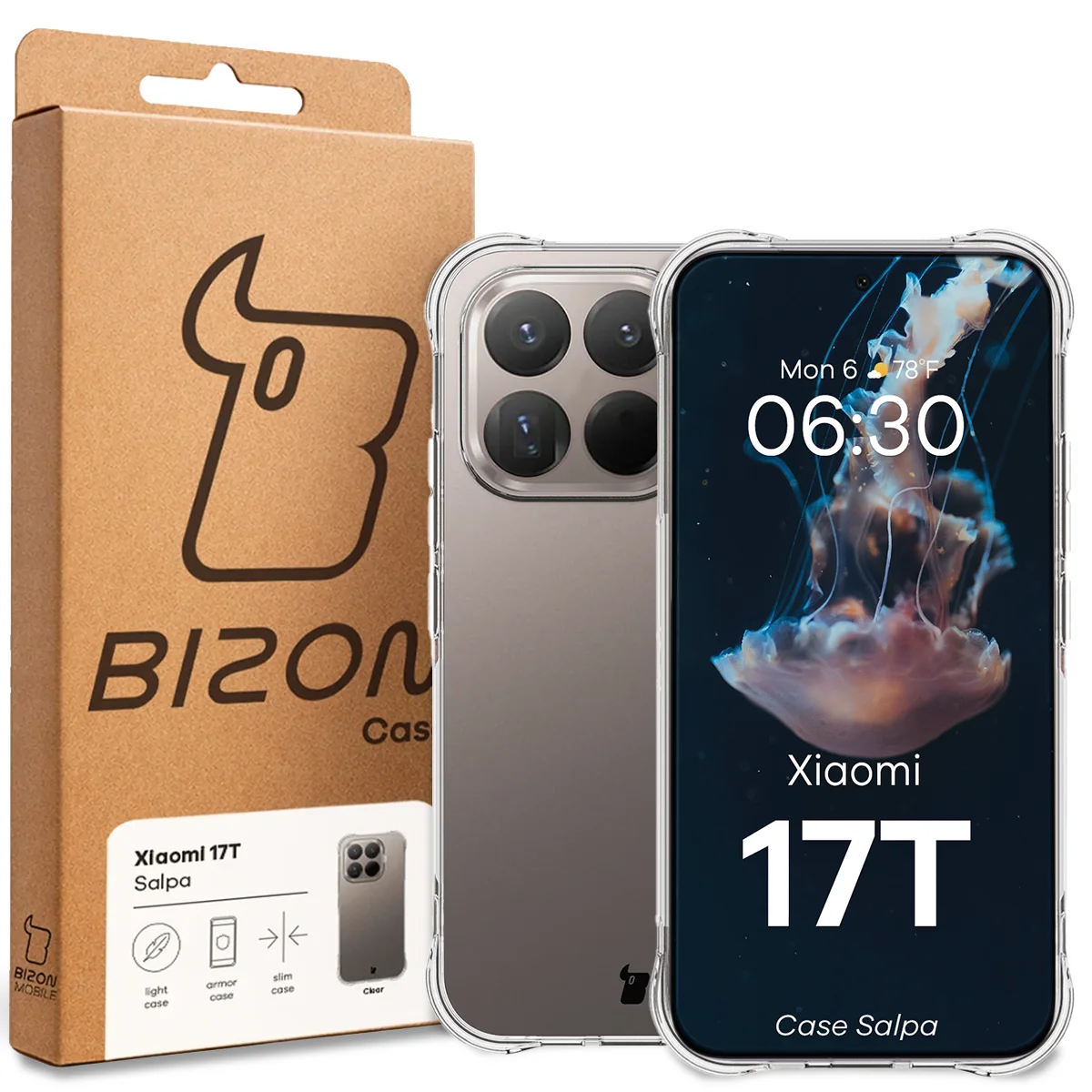 Przód pudełka Bizon Case z dedykowaną etykietą do Xiaomi 17T