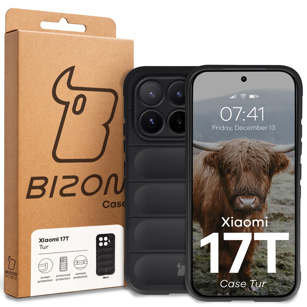 Przód pudełka Bizon Case z dedykowaną etykietą do Xiaomi 17T