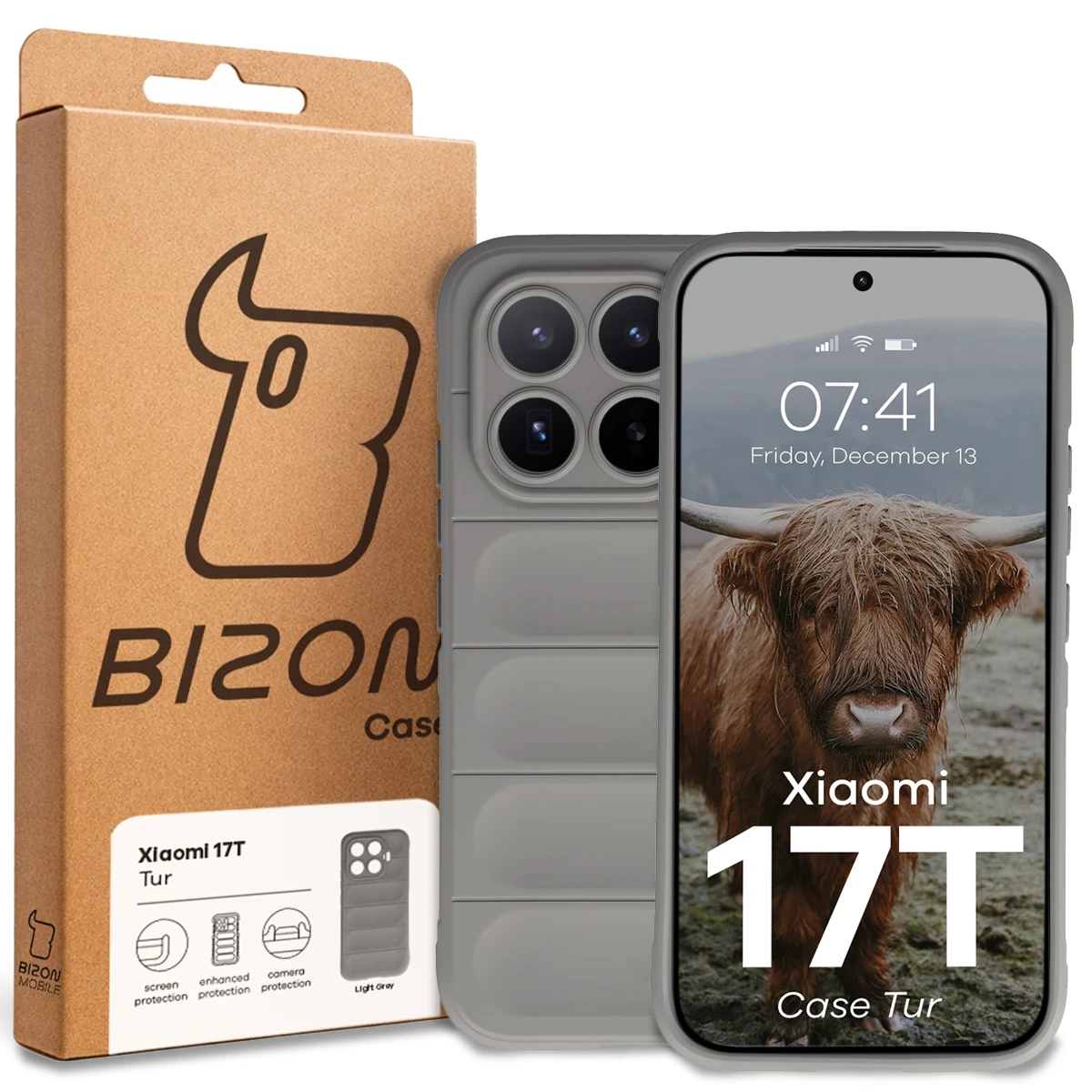 Przód pudełka Bizon Case z dedykowaną etykietą do Xiaomi 17T