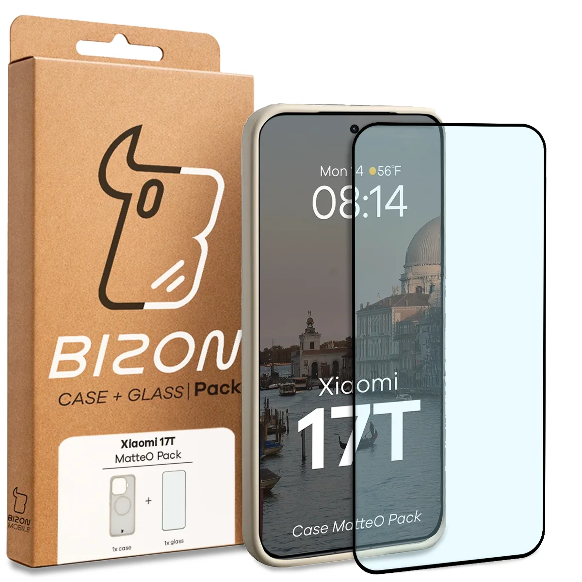 Przód pudełka Bizon Case Matteo Pack z dedykowaną etykietą do Xiaomi 17T