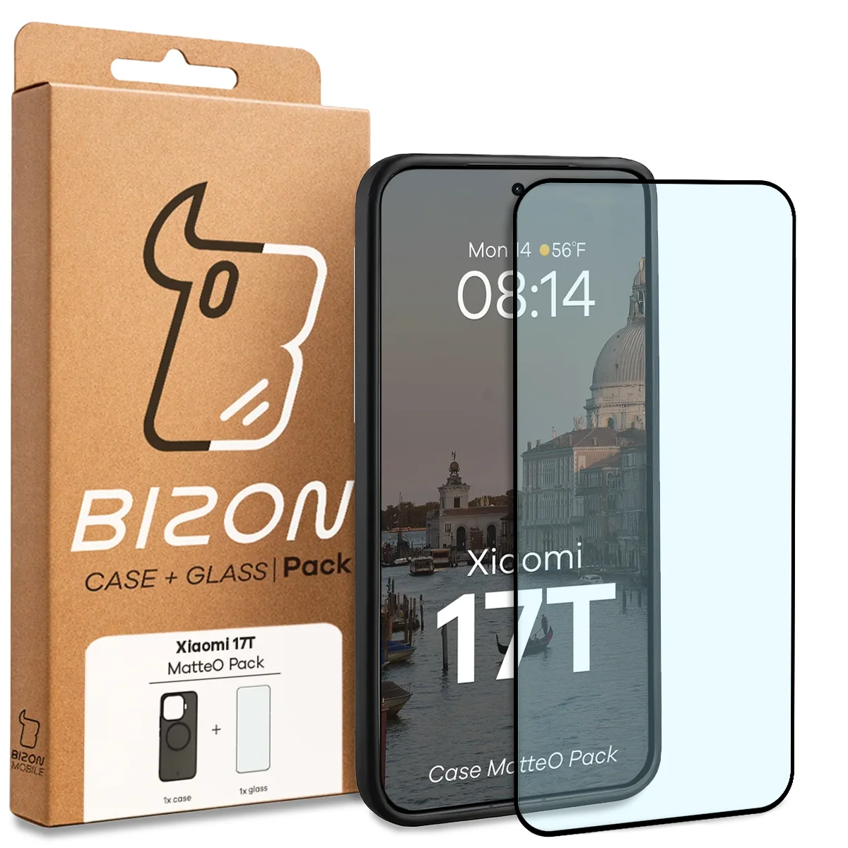 Przód pudełka Bizon Case Matteo Pack z dedykowaną etykietą do Xiaomi 17T
