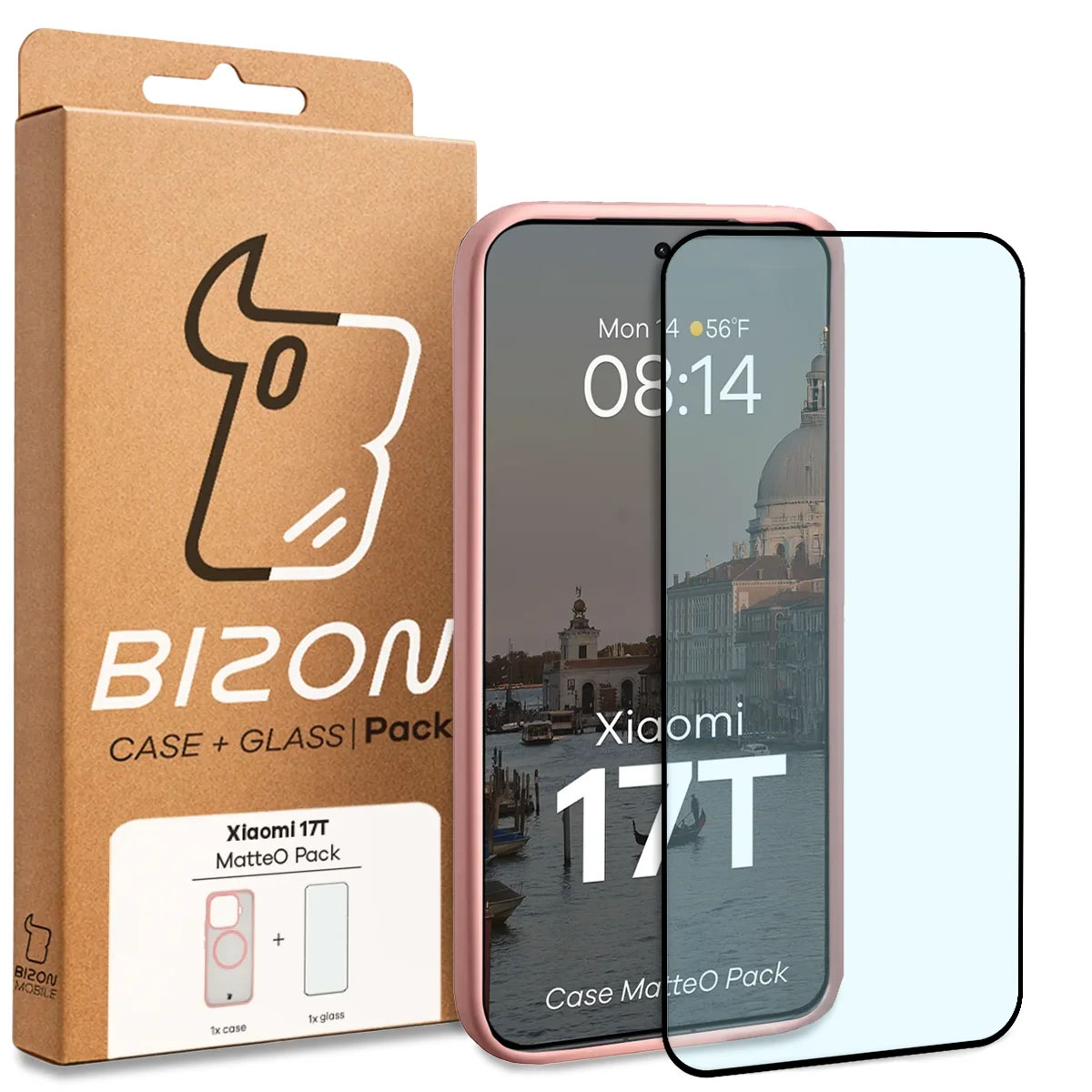 Przód pudełka Bizon Case Matteo Pack z dedykowaną etykietą do Xiaomi 17T