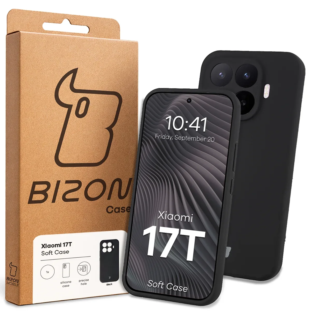 Przód pudełka Bizon Case z dedykowaną etykietą do Xiaomi 17T